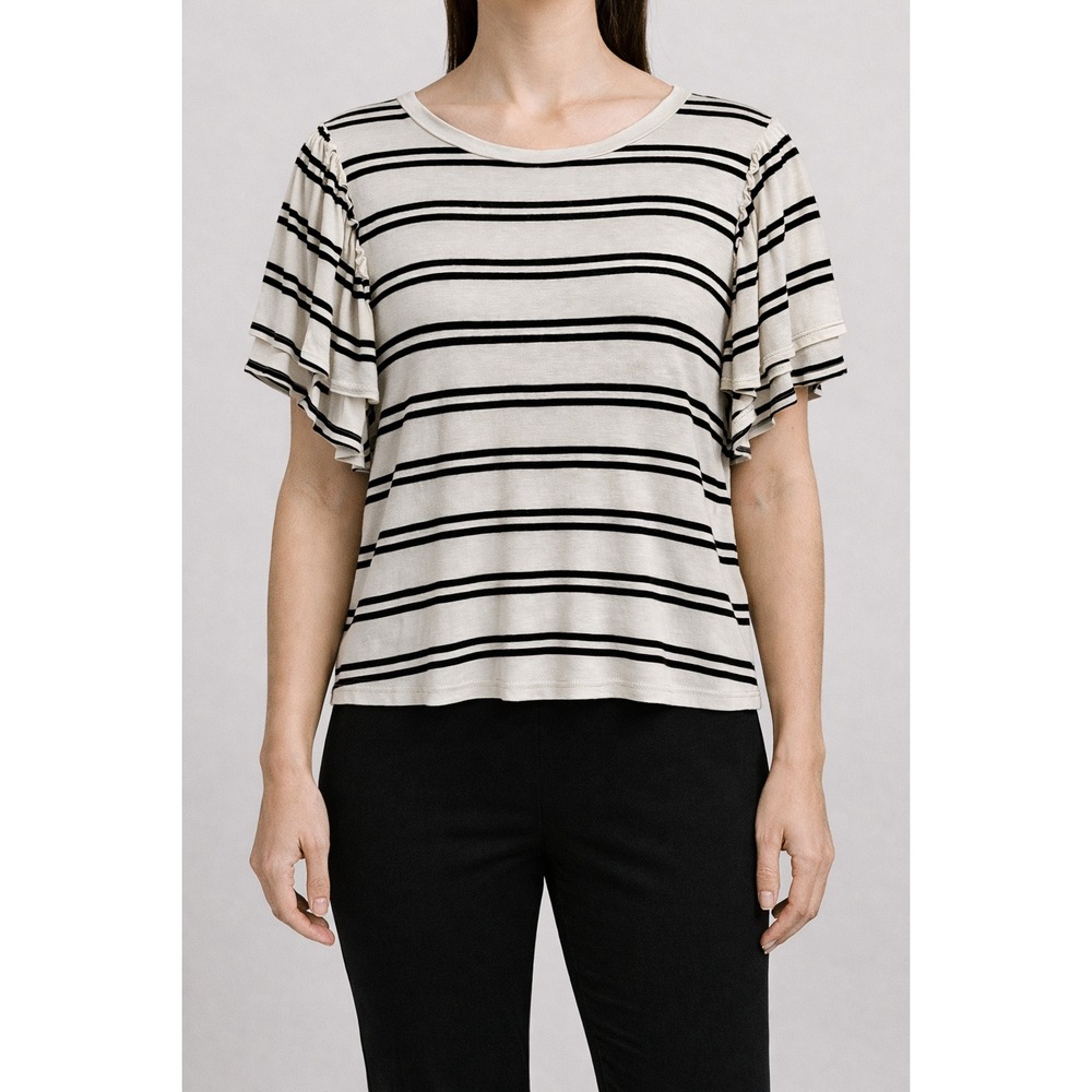 Casual Couture‎ Green Envelope Black White Striped Flutter Sleeve Top Stretch